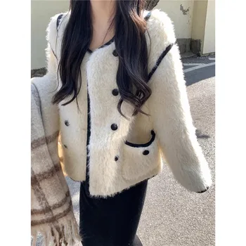 Пальто, женский свитер из искусственной овечьей шерсти, модный и универсальный однобортный вязаный кардиган с лацканами, укороченный топ с длинными рукавами