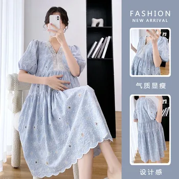 Платье для беременных женщин 2023 Летнее платье для тяжелой промышленности с V-образным вырезом и вырезами в Корейском стиле Платье для беременных женщин
