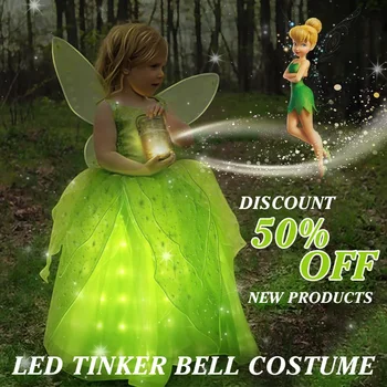 Платье со светодиодной подсветкой Tinker Bell Рождественская одежда для детей Зеленые маскарадные платья Tinkerbell Сказочная принцесса Карнавальная вечеринка