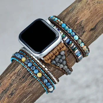 Ремешок для Apple Watch из натурального камня, восковая веревка в стиле бохо, императорский камень, 5 оберток, ремешок для Apple Watch Оптом и в розницу