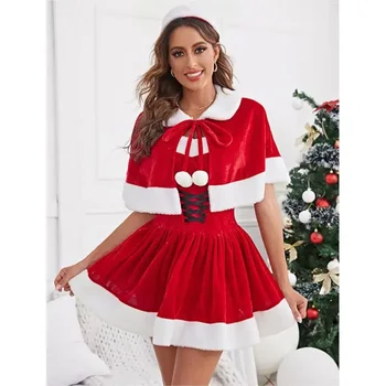 Рождественский плащ Комплект с короткой юбкой Красный Радостный Новый Год Женская одежда для взрослых Пожилых людей COS Ролевая вечеринка Сценический костюм