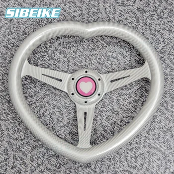 Рулевое колесо в форме сердца из белой углеродной пленки JDM ABS Универсальное 14 дюймовое глубокое блюдо Модифицированное рулевое колесо в форме сердца