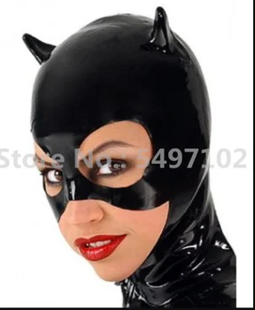 Сексуальная черная латексная маска-капюшон с кошачьими ушками на молнии сзади
