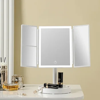 Складное Зеркало для макияжа со светодиодной подсветкой, 3-тонная Подсветка, Настольное Зеркало для туалетного столика, 2X / 3X Увеличительное, Регулируемое на 360 °, Перезаряжаемое