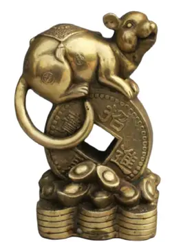 Счастливый Китайский Фэншуй Медь Латунь Зодиакальная Мышь На Монете Богатства Статуя ЮаньБао