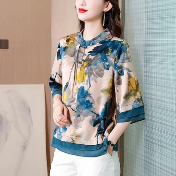 Улучшенный костюм в китайском стиле Тан, рубашка с абстрактным принтом для женщин, элегантный пуловер со средним рукавом и круглым воротником, Дом 2023