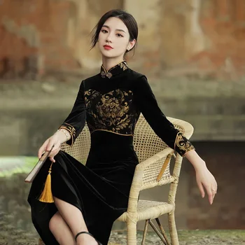 Этнический Стиль Harajuku Современное Ципао Черное Традиционное Винтажное Элегантное Тонкое Женское Китайское Платье Cheongsam Femme New
