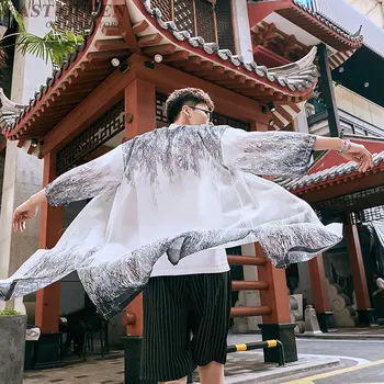 Японское Кимоно Кардиган Мужчины 2019 Уличная Длинная Рубашка Мужская Азиатская Одежда В стиле Бохо Пляжные Топы Летние Кимоно Юката Хаори FF2171