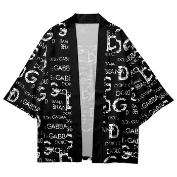 Японское Традиционное Кимоно Кардиган Оверсайз Хаори Черный Принт Harajuku Женская Мужская Косплей Блузка Юката Самурайская Одежда
